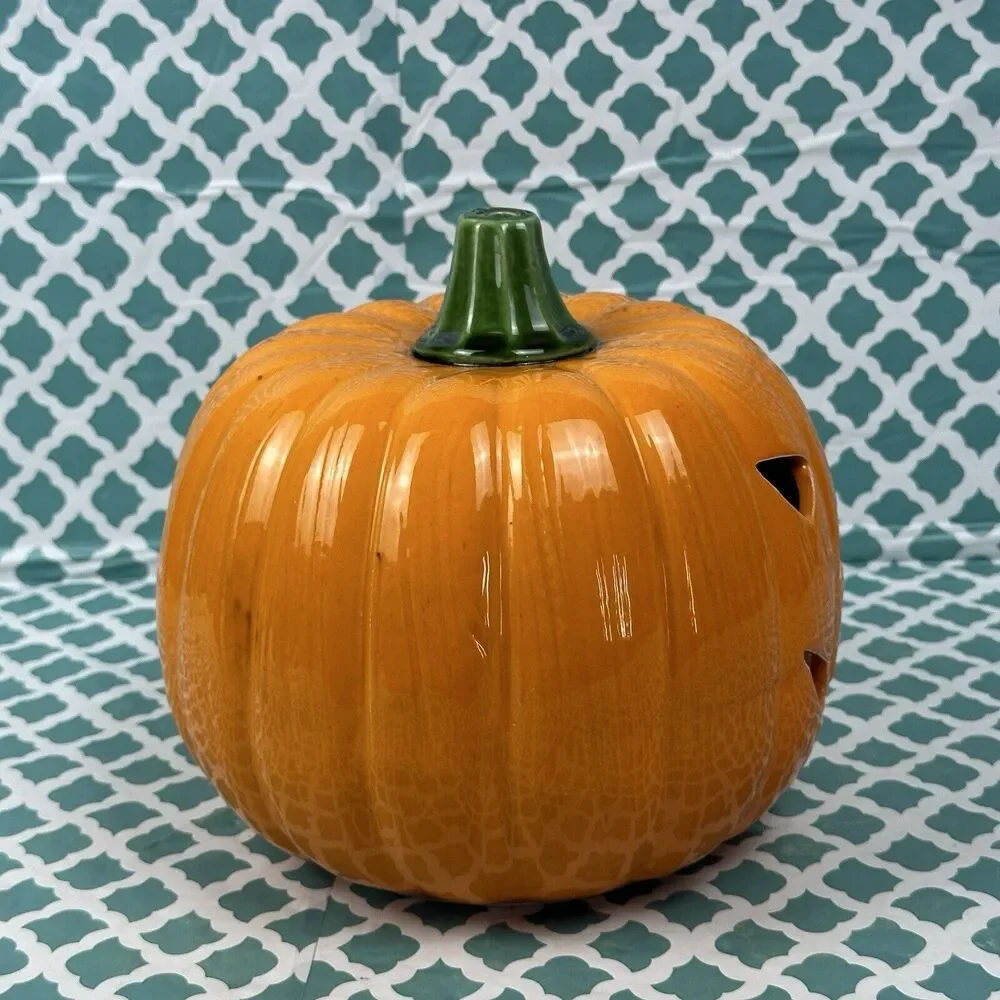 Halloween Ceramic‎ Pumpkin Jack O Lantern Candle Cover Topper Luminary